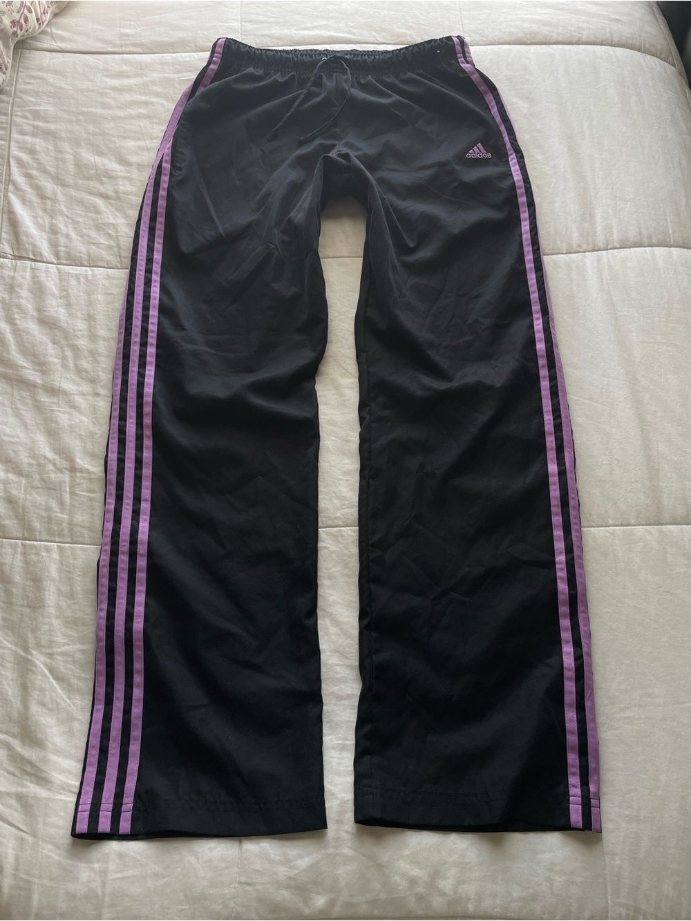 Adidas Y2K Black Purple Stripe Baggy Wide Leg Track Pants Medium Sporty Athletic